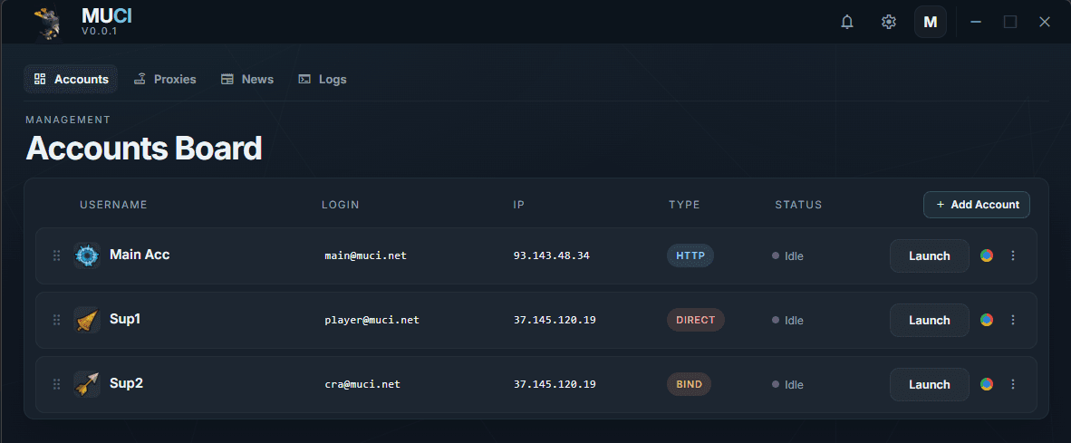 Muci client — Accounts Board