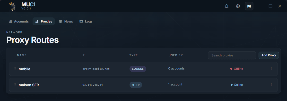 Muci client — Proxy management